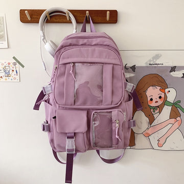 DIFA New Waterproof Nylon Women Backpack Female Multi-pocket Travel Bag College Schoolbag Transparent Pocket Laptop Backpack